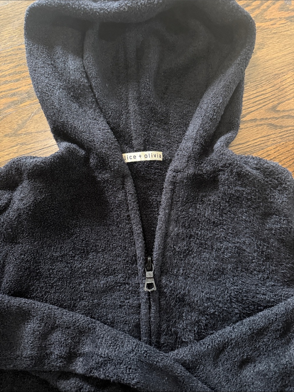 Alice + Olivia Black Plush cropped Hooded Zip Jacket